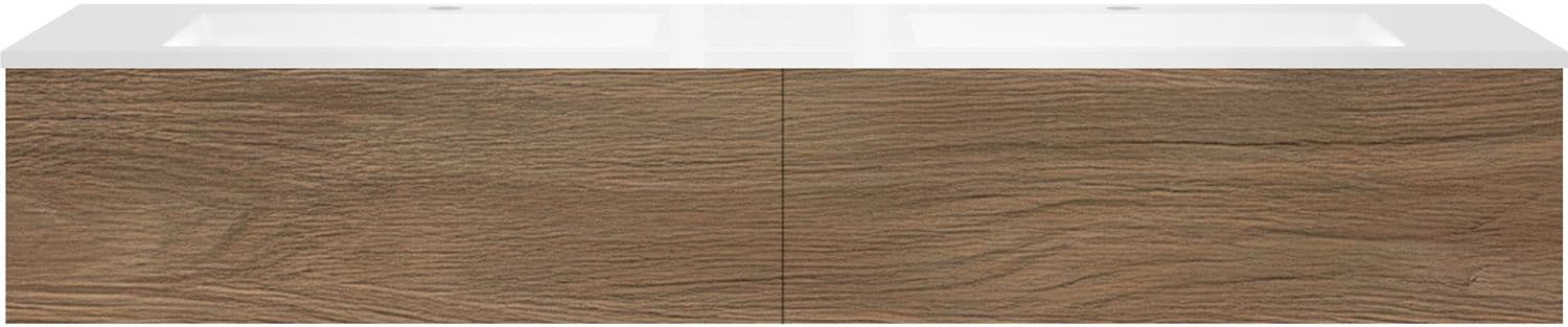 SOUS MEUBLE COFFEE 2 TIROIRS 180 CHENE CARAMELLE +DOUBLE LAVABO EN MARBRE SYNTHETIQUE BLANC MAT