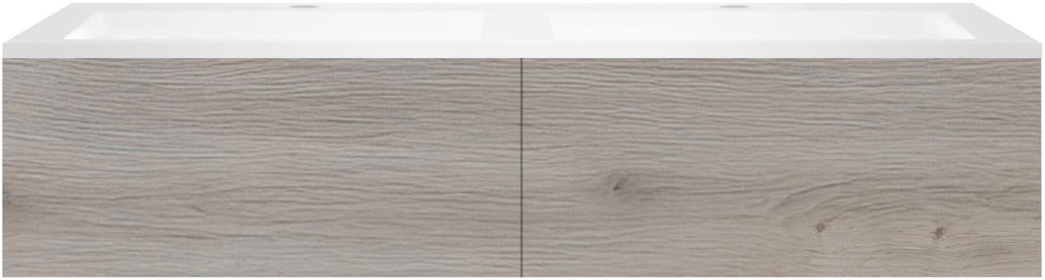 SOUS MEUBLE COFFEE 2 TIROIRS 140 CHENE ARGENT +DOUBLE LAVABO EN MARBRE SYNTHETIQUE BLANC MAT