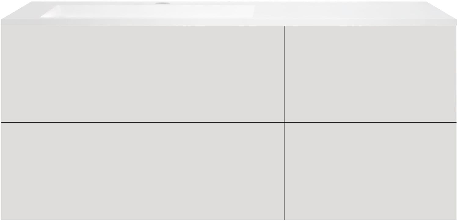 SOUS MEUBLE COFFEE 4 TIROIRS 140 GRIS VELOURS MAT+LAVABO GAUCHE EN MARBRE SYNTHETIQUE BLANC