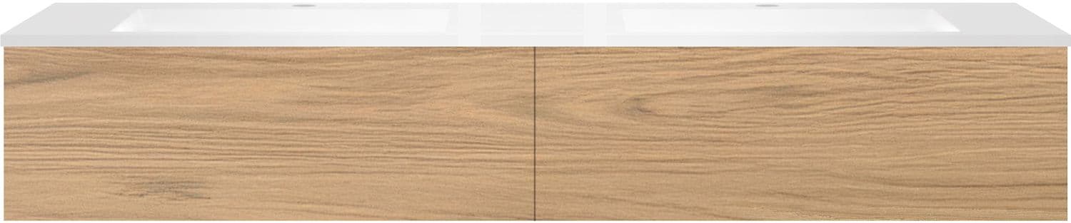 SOUS MEUBLE COFFEE 2 TIROIRS 180 CHENE CLASSIQUE +DOUBLE LAVABO EN MARBRE SYNTHETIQUE BLANC