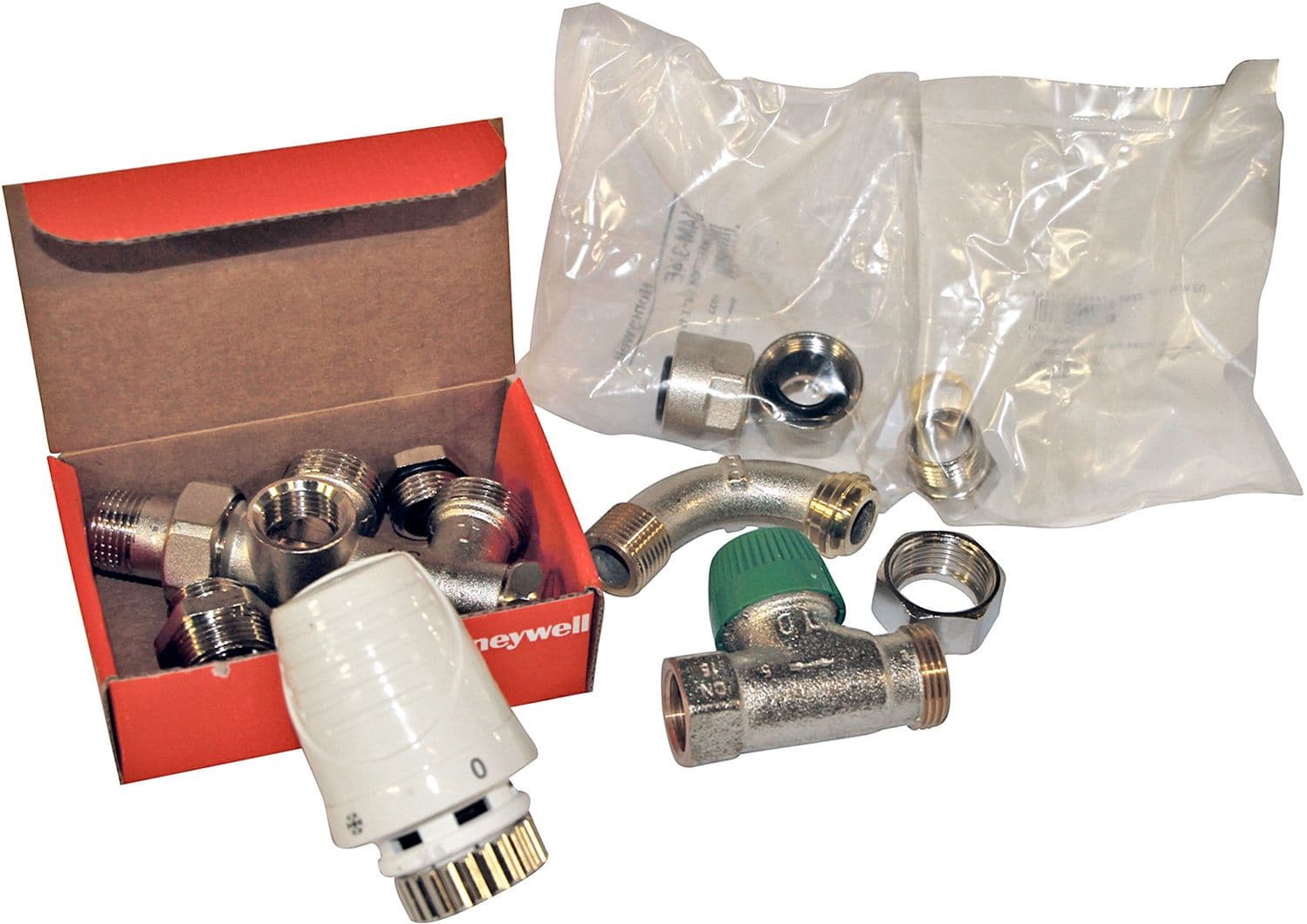 COMBINAISON DE RACCORD MONOTUBE THERMOSTATIQUE HONEYWELL EQUERRE+COURBE 1/2"