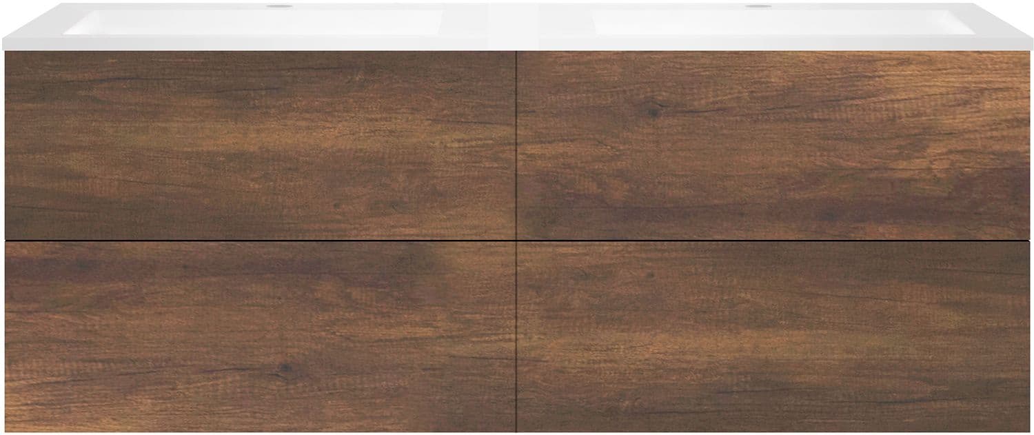SOUS MEUBLE COFFEE 4 TIROIRS 160 DUO CHENE ROUILLE +DOUBLE LAVABO EN MARBRE SYNTHETIQUE BLANC MAT