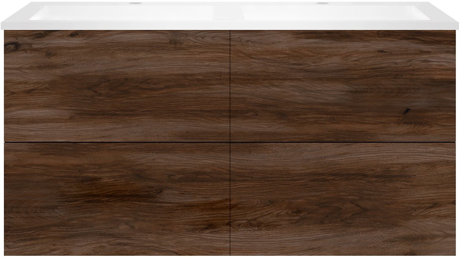 SOUS MEUBLE COFFEE 4 TIROIRS 120 DUO NOYER VELOURS +DOUBLE LAVABO EN MARBRE SYNTHETIQUE BLANC