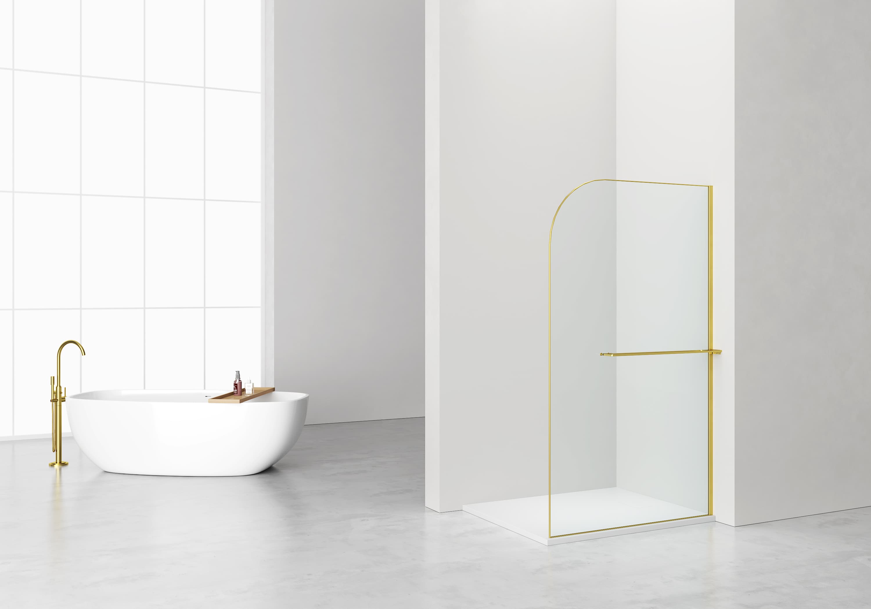 CURVY DOUCHE À L'ITALIENNE AVEC PORTE-SERVIETTE - COURBÉE - TRAITEMENT ANTI-CALCAIRE - RÉVERSIBLE - VERRE DE SÉCURITÉ 8MM - 120X200CM - OR BROSSÉ - VERRE CLAIR