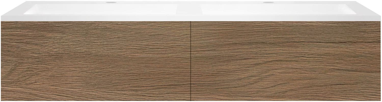 SOUS MEUBLE COFFEE 2 TIROIRS 140 CHENE CARAMELLE +DOUBLE LAVABO EN MARBRE SYNTHETIQUE BLANC MAT