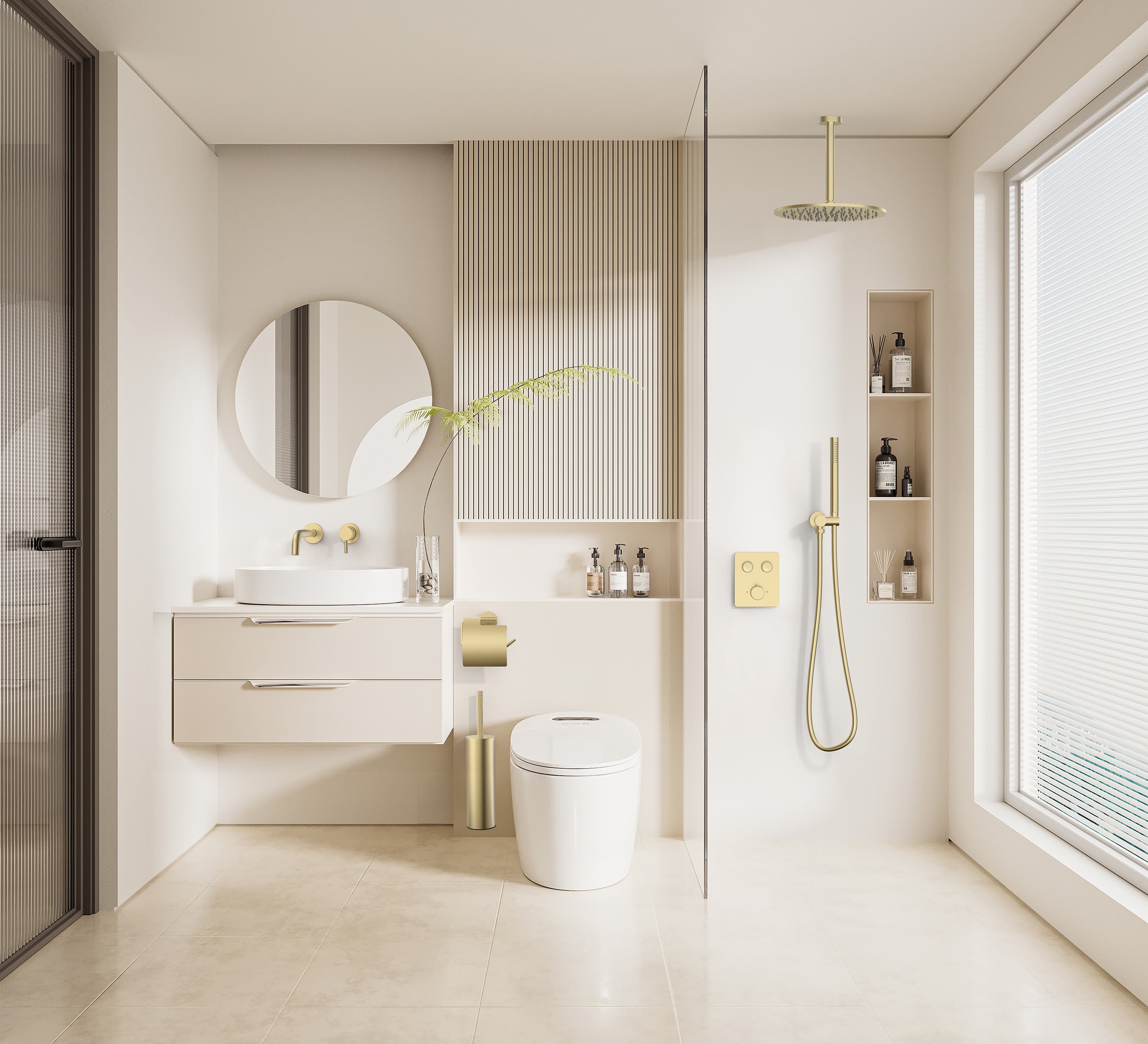 STRIA MITIGEUR DE DOUCHE – 2 VOIES – THERMOSTATIQUE – BOUTONS POUSSOIRS S AVEC STRUCTURE STRIÉE RAFFINÉE – AVEC BOÎTIER D’ENCASTREMENT ET ÉLÉMENT DE FINITION – RECTANG. – BELGAQUA - OR BROSSÉ (PVD)