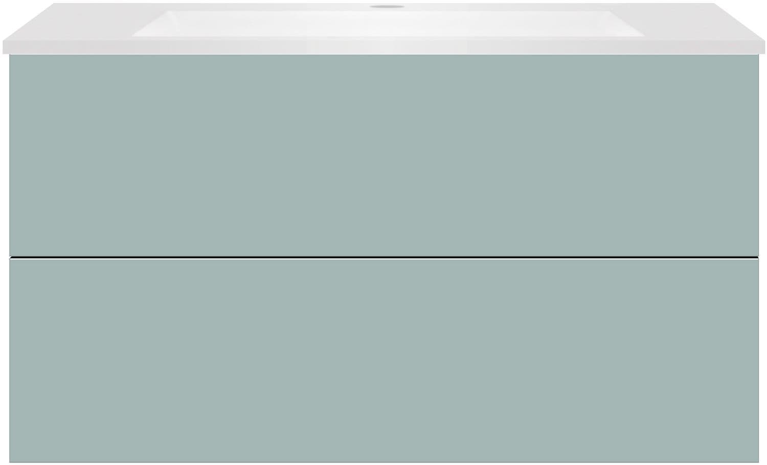 SOUS MEUBLE COFFEE 2 TIROIRS 100 BLEU AZUR DOUX MAT+LAVABO EN MARBRE SYNTHETIQUE BLANC