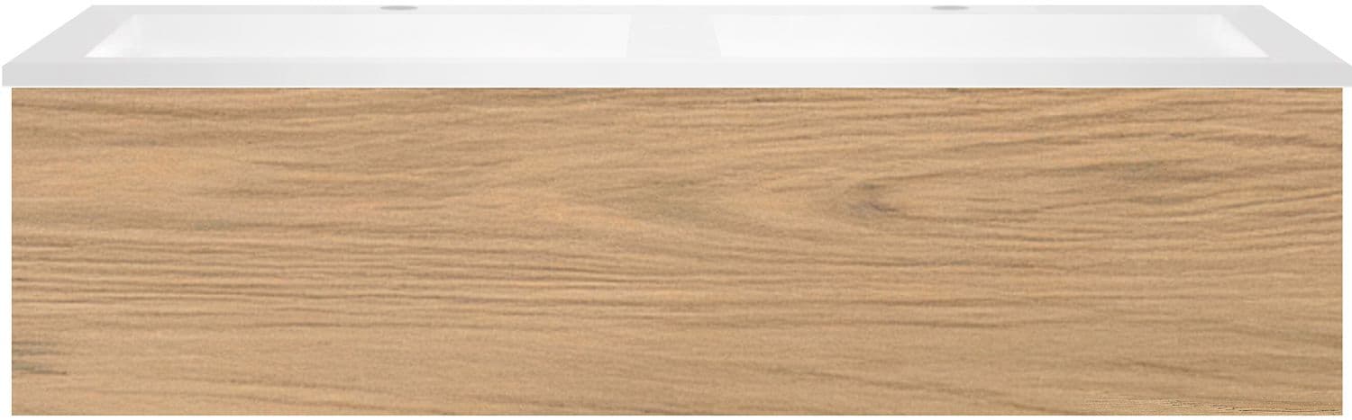SOUS MEUBLE COFFEE 1 TIROIR 120 DUO CHENE CLASSIQUE + LAVABO DOUBLE EN MARBRE SYNTHETIQUE BLANC