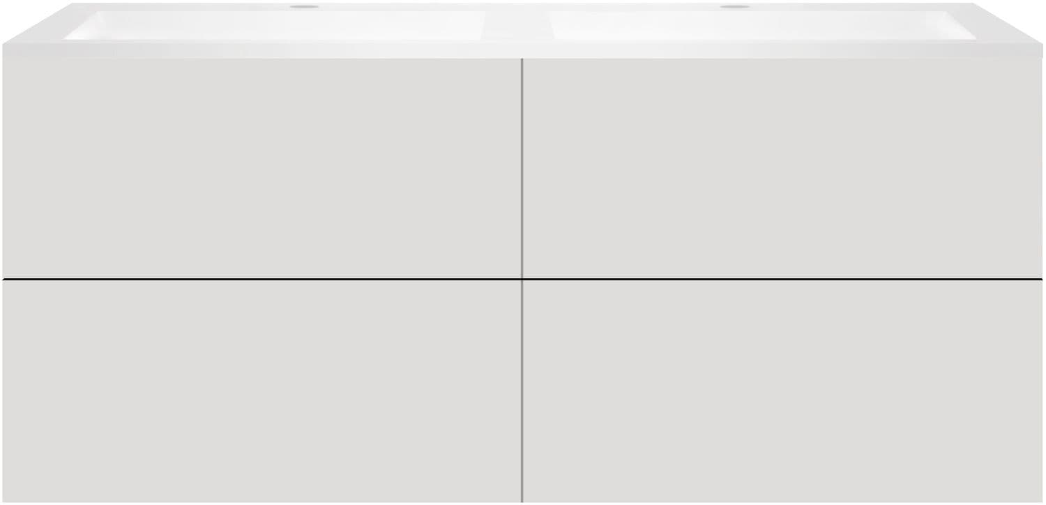SOUS MEUBLE COFFEE 4 TIROIRS 140 DUO GRIS VELOURS MAT +DOUBLE LAVABO EN MARBRE SYNTHETIQUE BLANC MAT