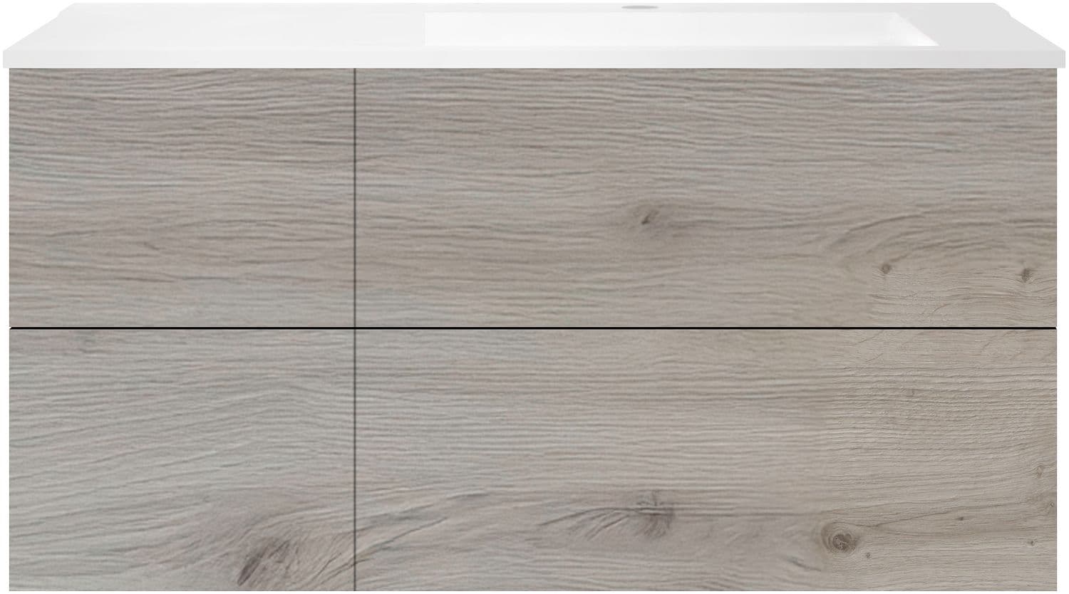 SOUS MEUBLE COFFEE 4 TIROIRS 120 CHENE ARGENT+LAVABO DROITE EN MARBRE SYNTHETIQUE BLANC MAT