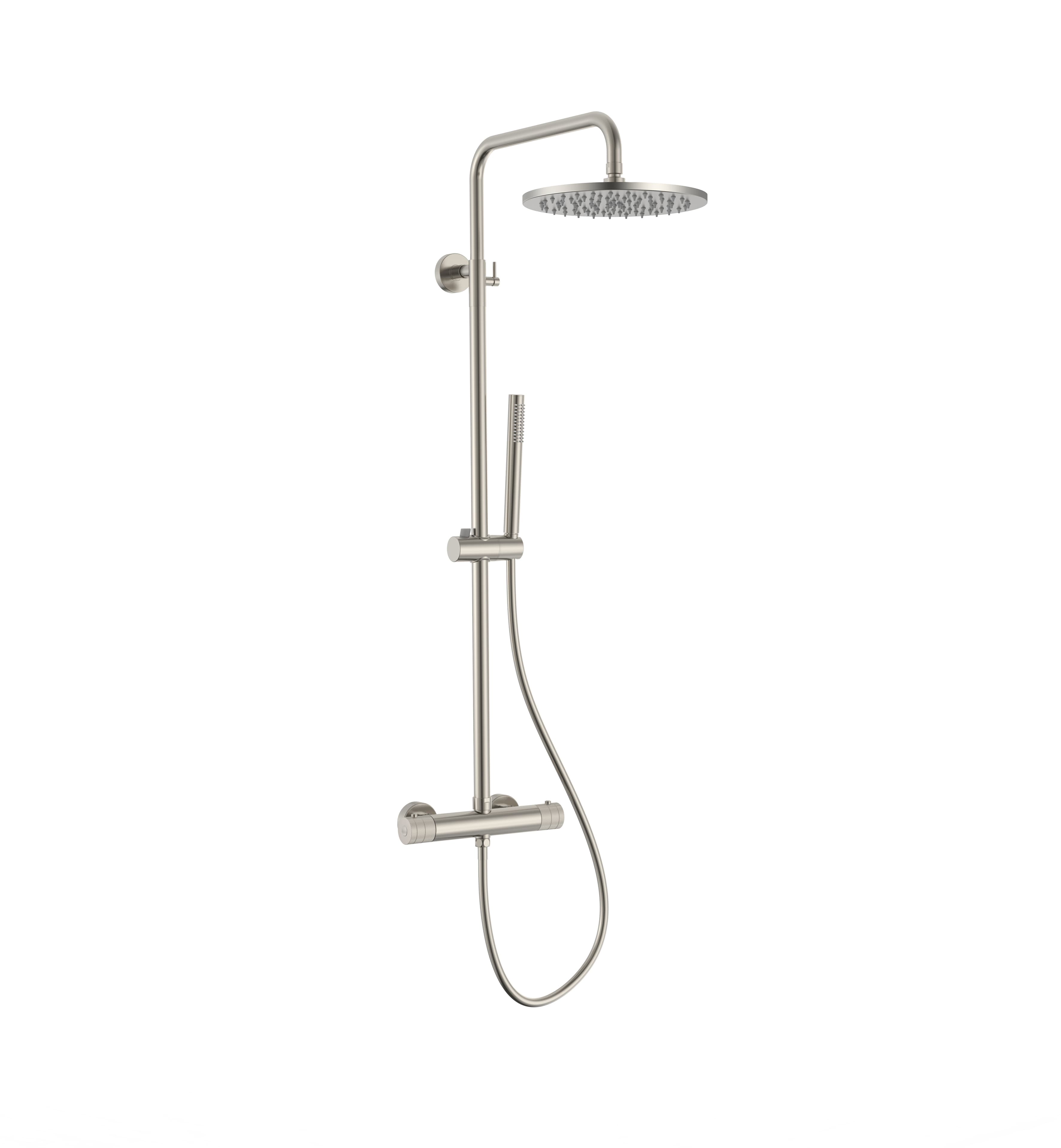 STRIA ENSEMBLE DE DOUCHE PLUIE – THERMOSTATIQUE – COOL TOUCH – DOUCHE DE TÊTE 30 CM – MONTAGE APPARENTE – BOUTONS S AVEC STRUCTURE STRIÉE RAFFINÉE – BELGAQUA - ACIER INOX BROSSÉ