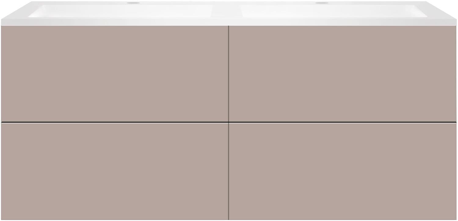 SOUS MEUBLE COFFEE 4 TIROIRS 140 DUO BASALTGRIJS +DOUBLE LAVABO EN MARBRE SYNTHETIQUE BLANC