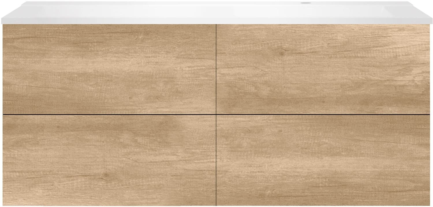 SOUS MEUBLE COFFEE 4 TIROIRS 140 CHENE DECOR CACHMIRE+LAVABO DROITE BLANC MAT