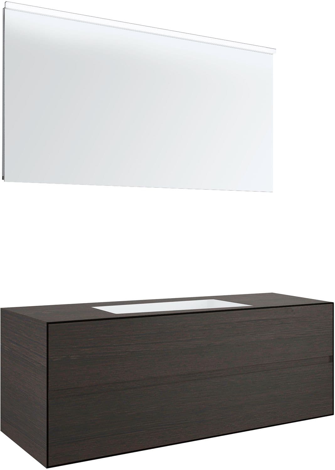 MEUBLE 2 TIROIRS+ LAVABO SOUS ENCASTRER CENTRAL TENSO 140CM SANS TROU ROBINET WENGE AVEC MIROIR