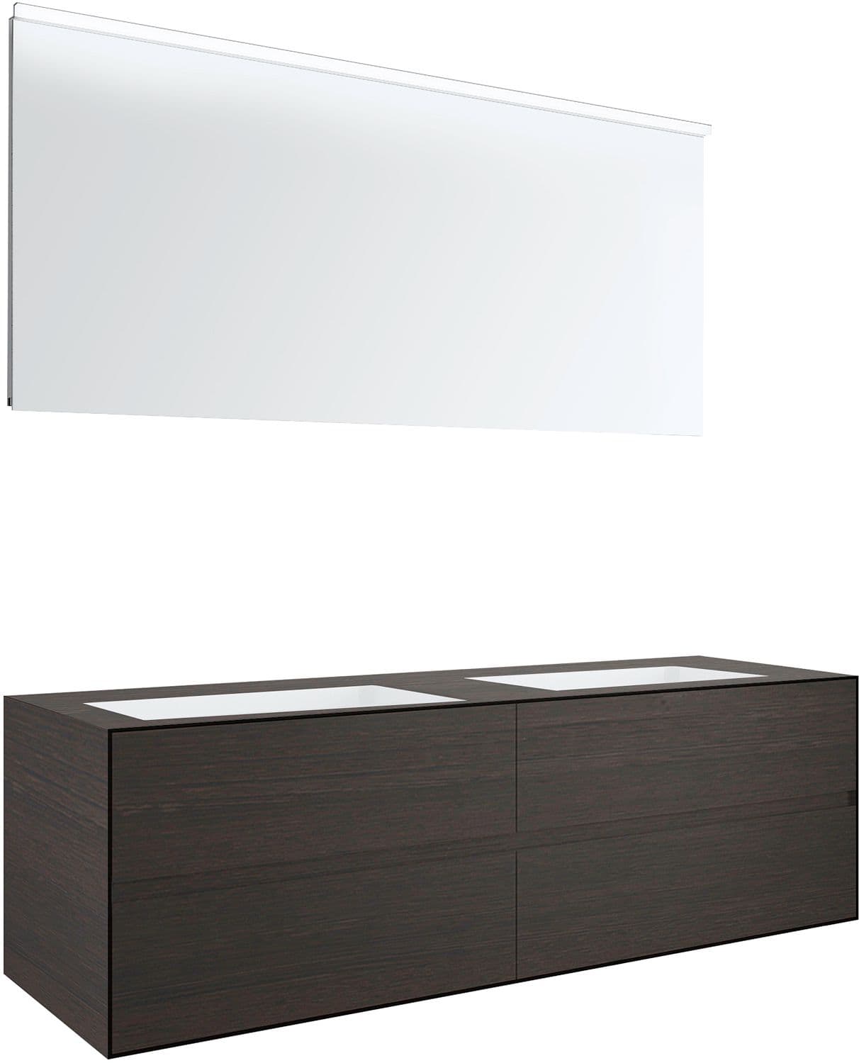 MEUBLE 4 TIROIRS+ LAVABOS SOUS ENCASTRER TENSO 160CM SANS TROUS ROBINETS WENGE AVEC MIROIR