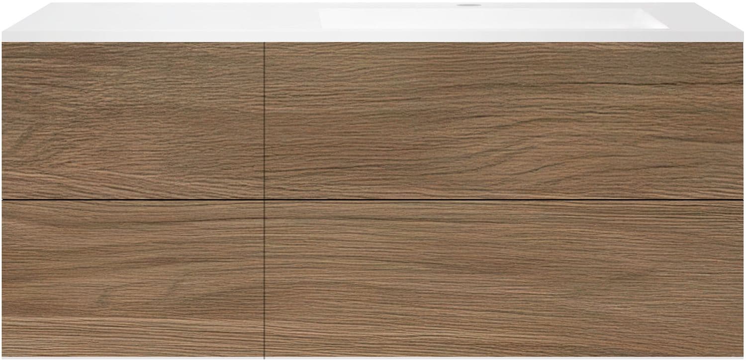 SOUS MEUBLE COFFEE 4 TIROIRS 140 CHENE CARAMELLE+LAVABO DROITE EN MARBRE SYNTHETIQUE BLANC