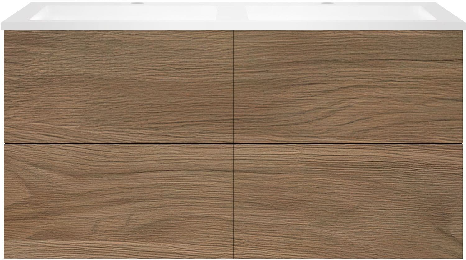 SOUS MEUBLE COFFEE 4 TIROIRS 120 DUO CHENE CARAMELLE +DOUBLE LAVABO EN MARBRE SYNTHETIQUE BLANC MAT