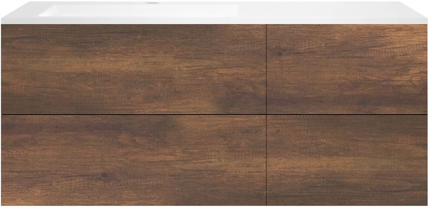 SOUS MEUBLE COFFEE 4 TIROIRS 140 CHENE ROUILLE+LAVABO GAUCHE EN MARBRE SYNTHETIQUE BLANC MAT