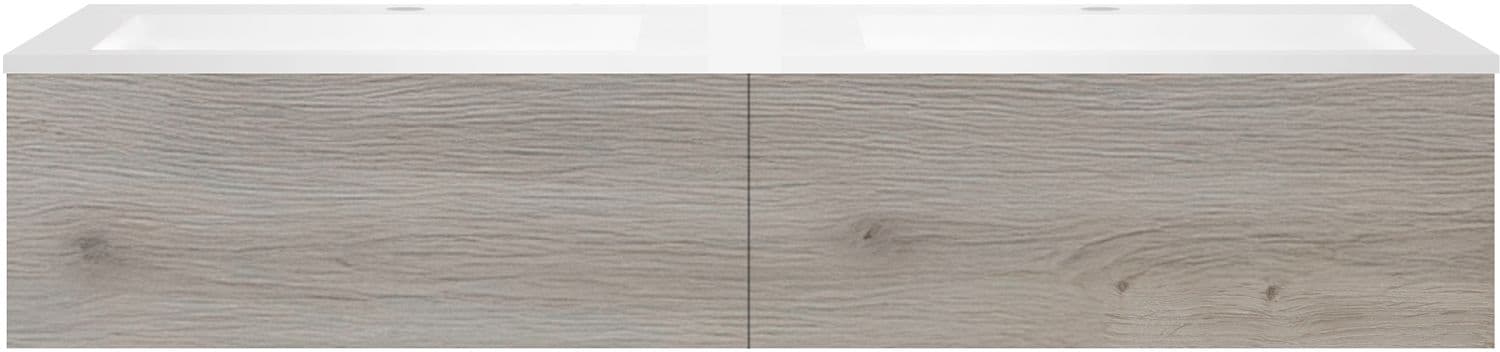 SOUS MEUBLE COFFEE 2 TIROIRS 160 CHENE ARGENT +DOUBLE LAVABO EN MARBRE SYNTHETIQUE BLANC