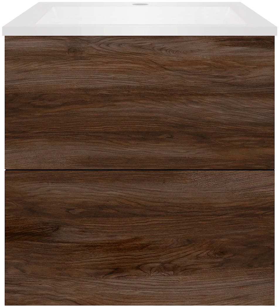 SOUS MEUBLE COFFEE 2 TIROIRS 60 NOYER VELOURS+LAVABO EN MARBRE SYNTHETIQUE BLANC