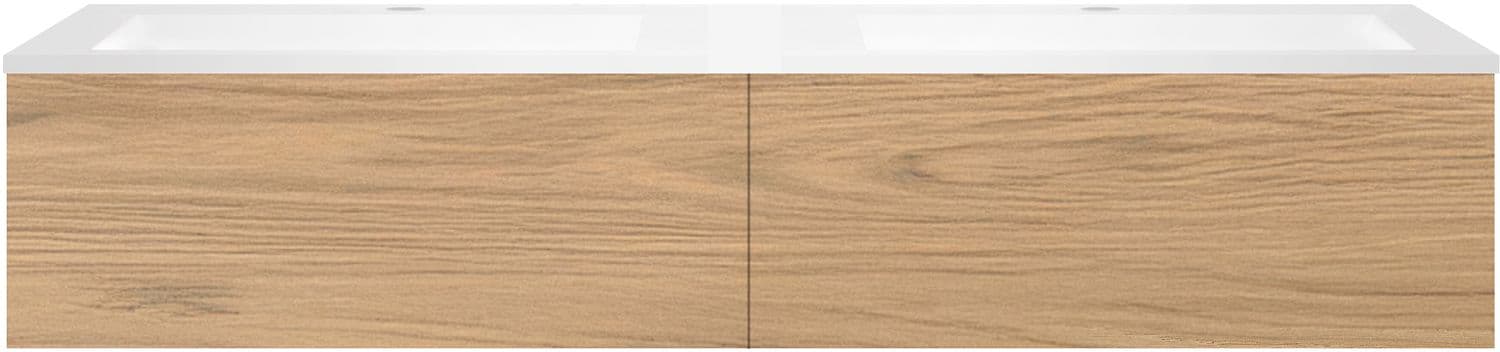 SOUS MEUBLE COFFEE 2 TIROIRS 160 CHENE CLASSIQUE +DOUBLE LAVABO EN MARBRE SYNTHETIQUE BLANC