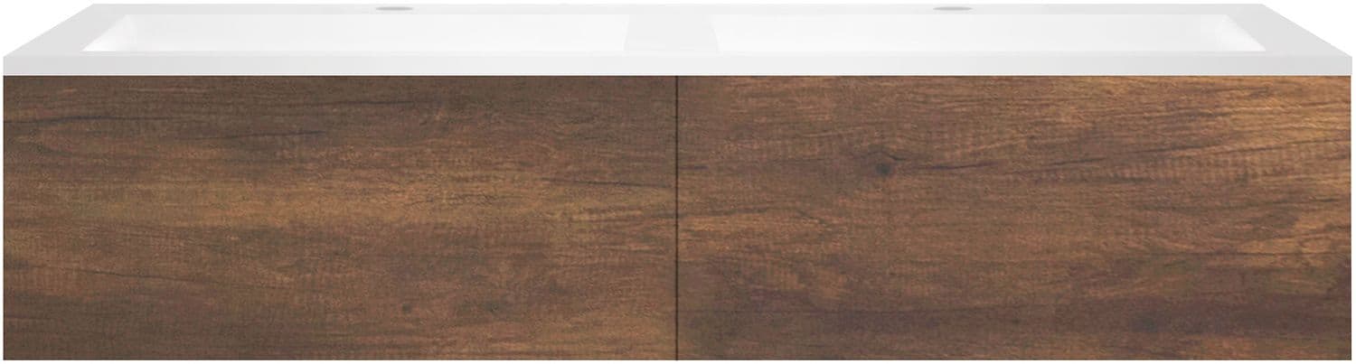 SOUS MEUBLE COFFEE 2 TIROIRS 140 DUO CHENE ROUILLE +DOUBLE LAVABO EN MARBRE SYNTHETIQUE BLANC