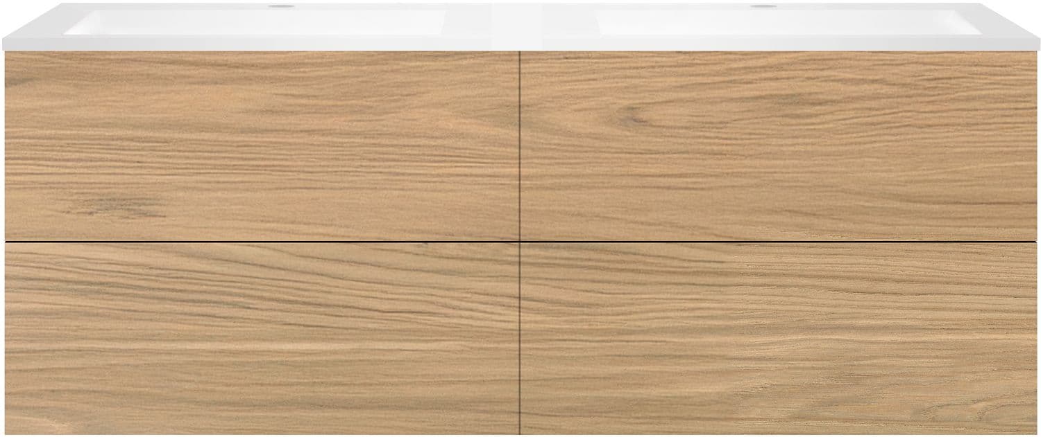 SOUS MEUBLE COFFEE 4 TIROIRS 160 DUO CHENE CLASSIQUE +DOUBLE LAVABO EN MARBRE SYNTHETIQUE BLANC