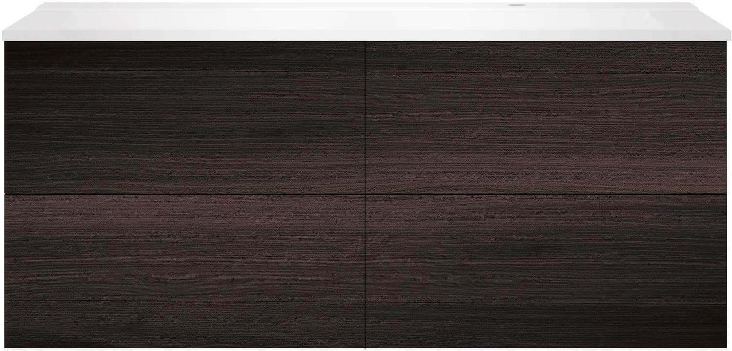 SOUS MEUBLE COFFEE 4 TIROIRS 140 CHENE DECOR MOKKA+LAVABO DROITE BLANC MAT
