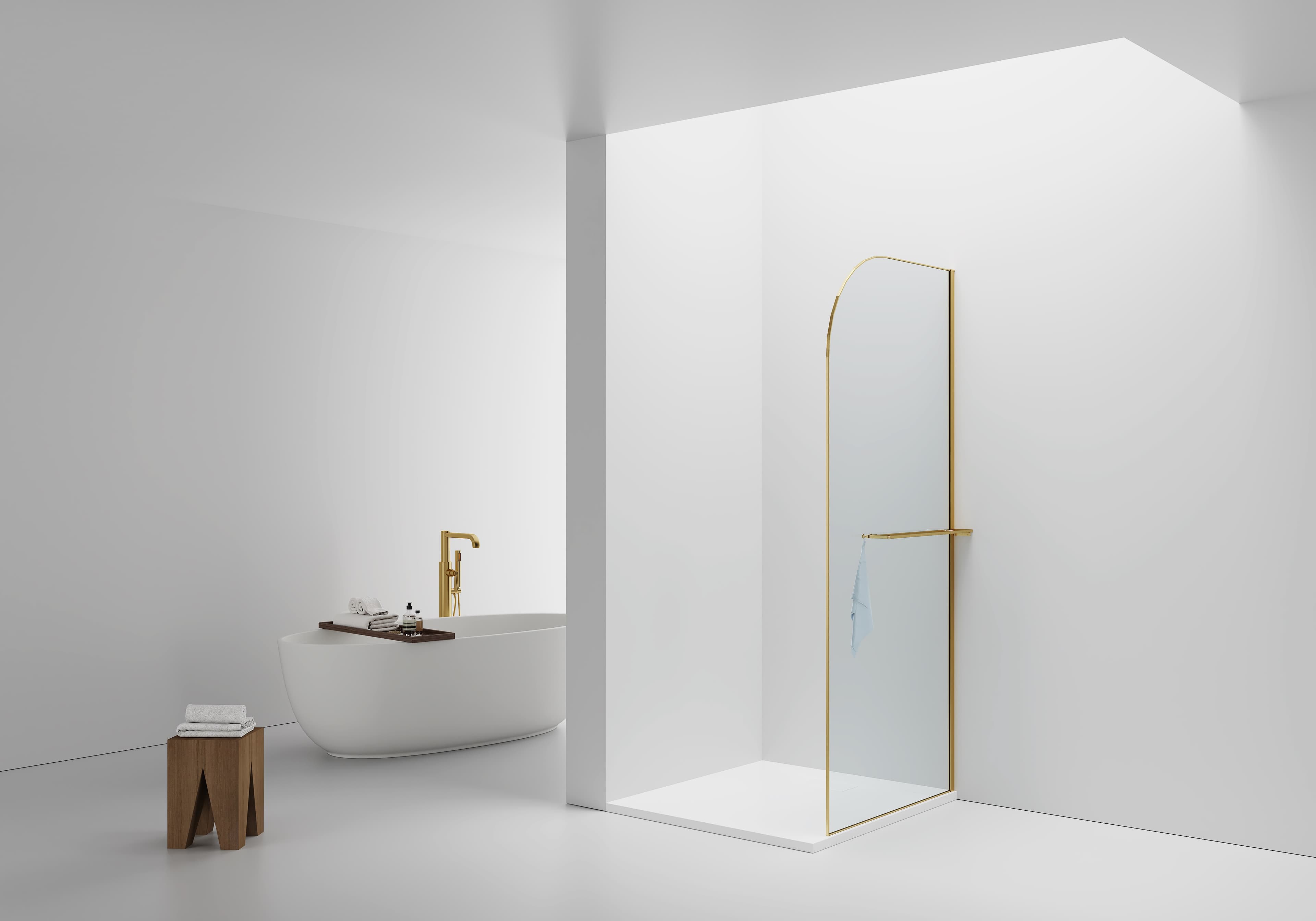 CURVY DOUCHE À L'ITALIENNE AVEC PORTE-SERVIETTE - COURBÉE - TRAITEMENT ANTI-CALCAIRE - RÉVERSIBLE - VERRE DE SÉCURITÉ 8MM - 100X200CM - OR BROSSÉ - VERRE CLAIR