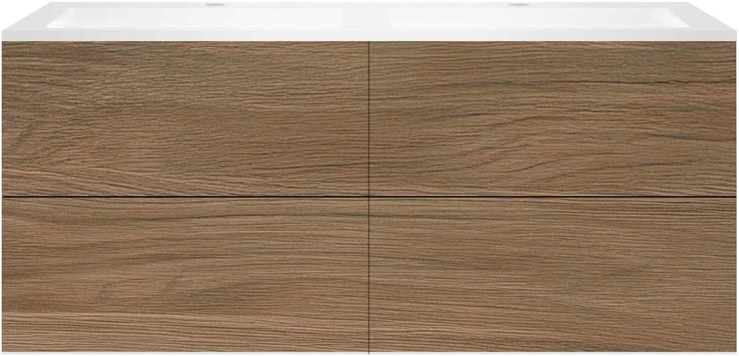 SOUS MEUBLE COFFEE 4 TIROIRS 140 DUO CHENE CARAMELLE +DOUBLE LAVABO EN MARBRE SYNTHETIQUE BLANC