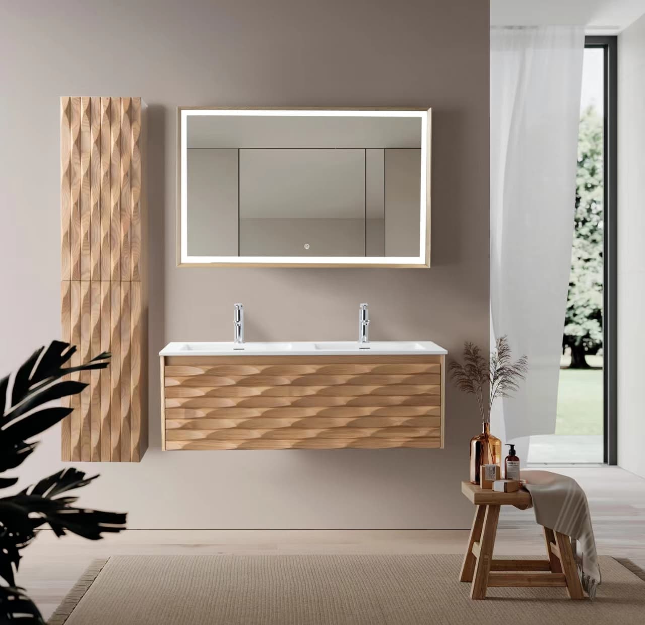 WONDA SQUARE SLIM LAVABO - 2 VASQUES - AVEC TROP-PLEIN - 2 TROUS ROBINET - MARBRE COMPOSITE - 120X1,6X52,5 CM - BLANC MAT
