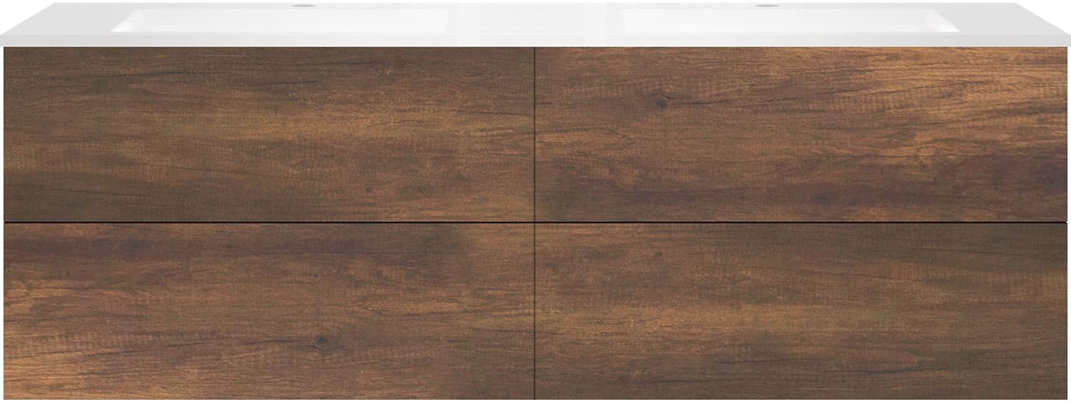 SOUS MEUBLE COFFEE 4 TIROIRS 180 DUO CHENE ROUILLE +DOUBLE LAVABO EN MARBRE SYNTHETIQUE BLANC MAT