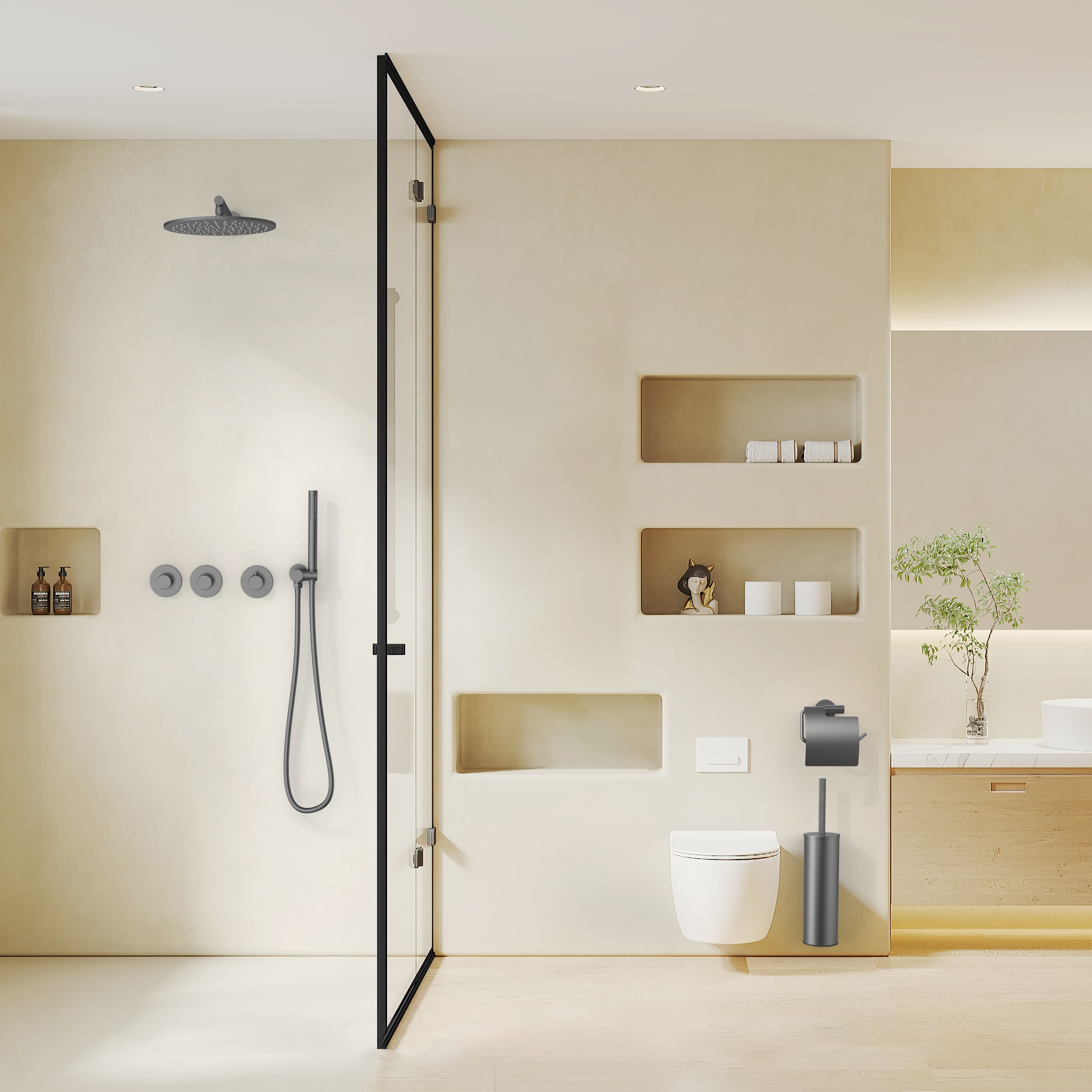STRIA MITIGEUR DE DOUCHE – 2 VOIES – THERMOSTATIQUE – BOUTONS POUSSOIRS S AVEC STRUCTURE STRIÉE RAFFINÉE – AVEC BOÎTIER D’ENCASTREMENT ET ÉLÉMENT DE FINITION – RECTANG. – BELGAQUA - GUNMETAL (PVD)