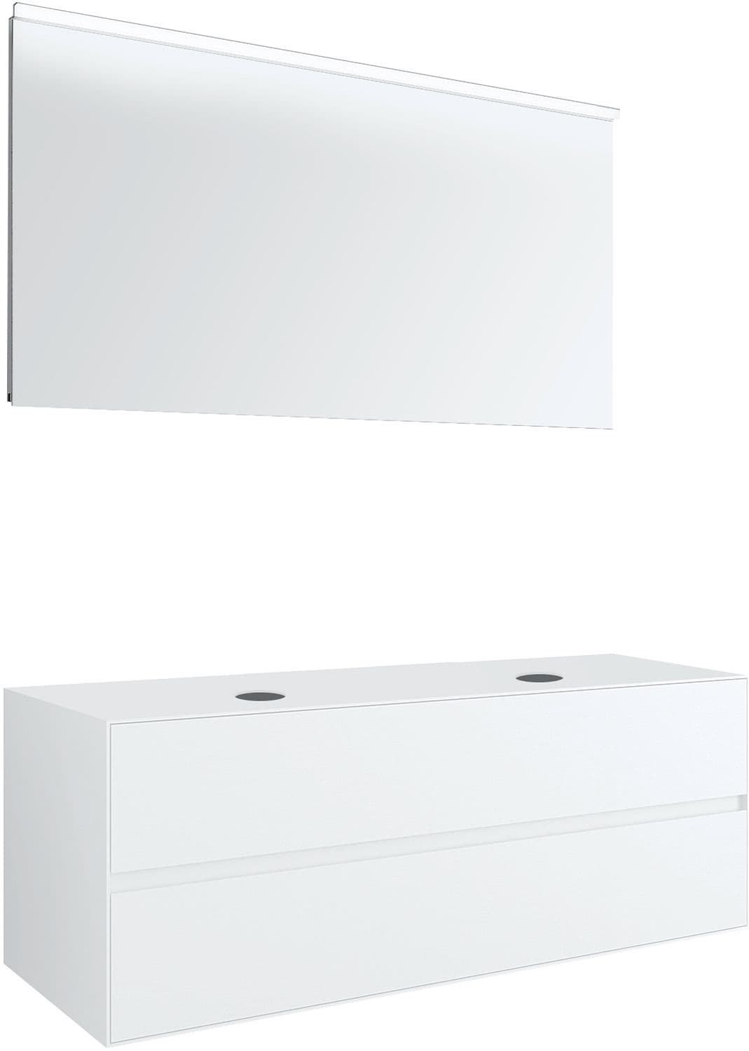 MEUBLE 2 TIROIRS+ TABLET POUR 2 LAVABOS A POSER TENSO 140CM SANS TROUS ROBINETS BLANC AVEC MIROIR