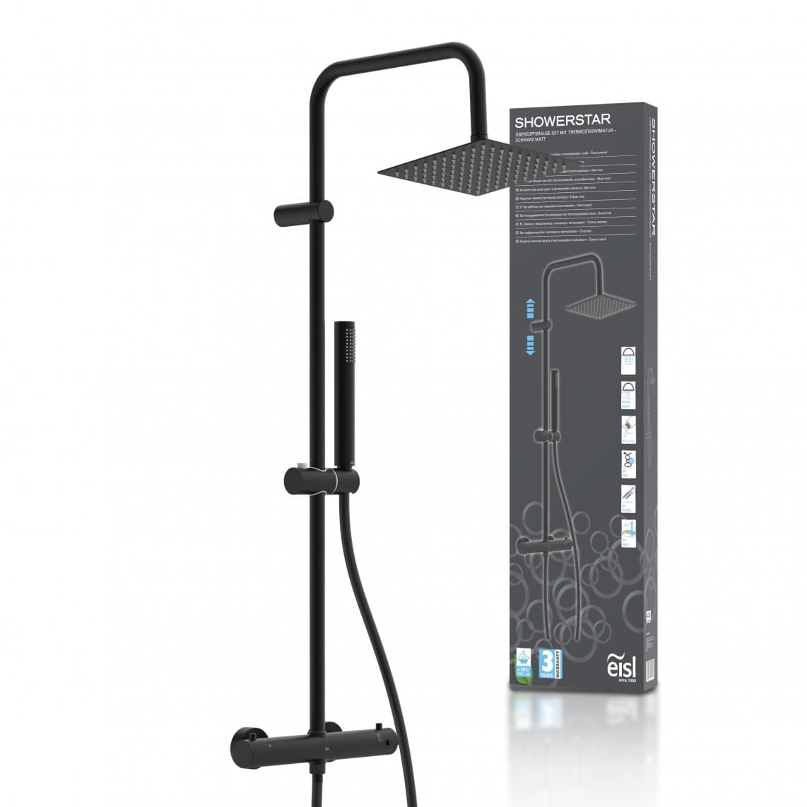 DX1106BLST SHOWERSTAR set douche de pluie, noir mat, avec Mitigeur thermostatique