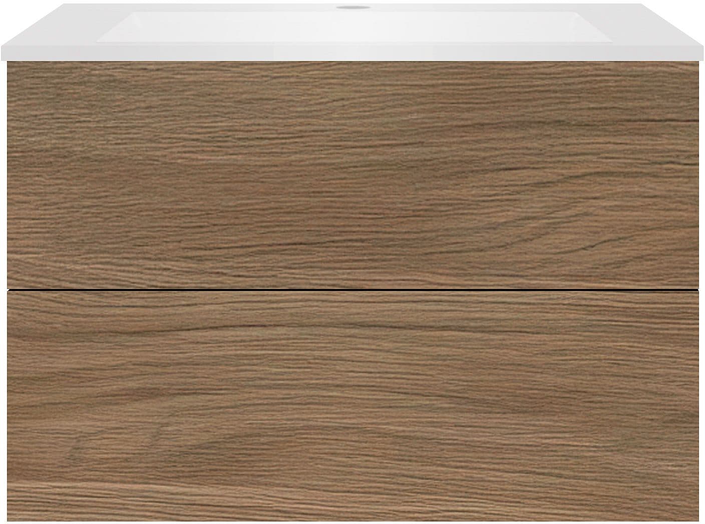 SOUS MEUBLE COFFEE 2 TIROIRS 90 CHENE CARAMELLE+LAVABO EN MARBRE SYNTHETIQUE BLANC MAT
