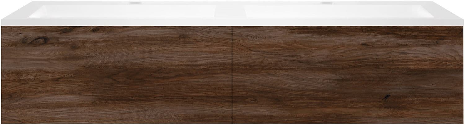 SOUS MEUBLE COFFEE 2 TIROIRS 140 DUO NOYER VELOURS +DOUBLE LAVABO EN MARBRE SYNTHETIQUE BLANC MAT