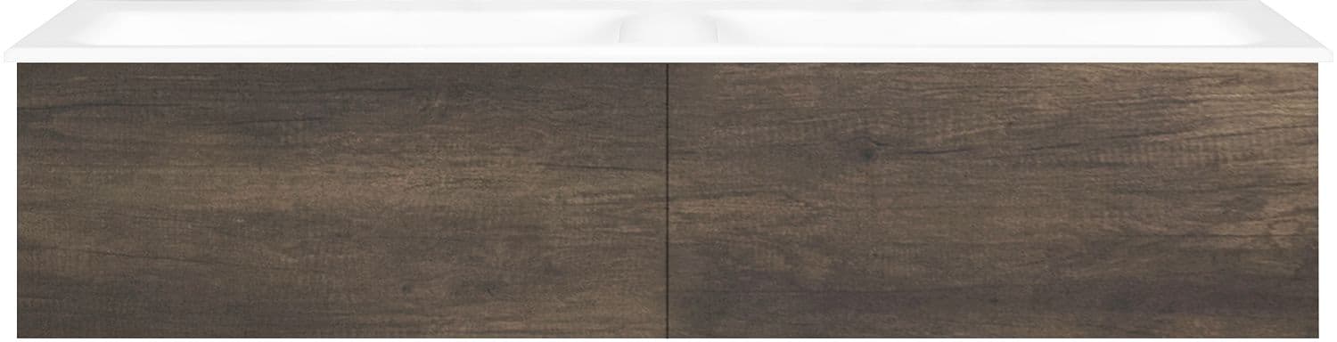 SOUS MEUBLE COFFEE 2 TIROIRS 140 DUO CHATAIGNE +DOUBLE LAVABO PORCELAINE SANS TROU ROBINET BLANC