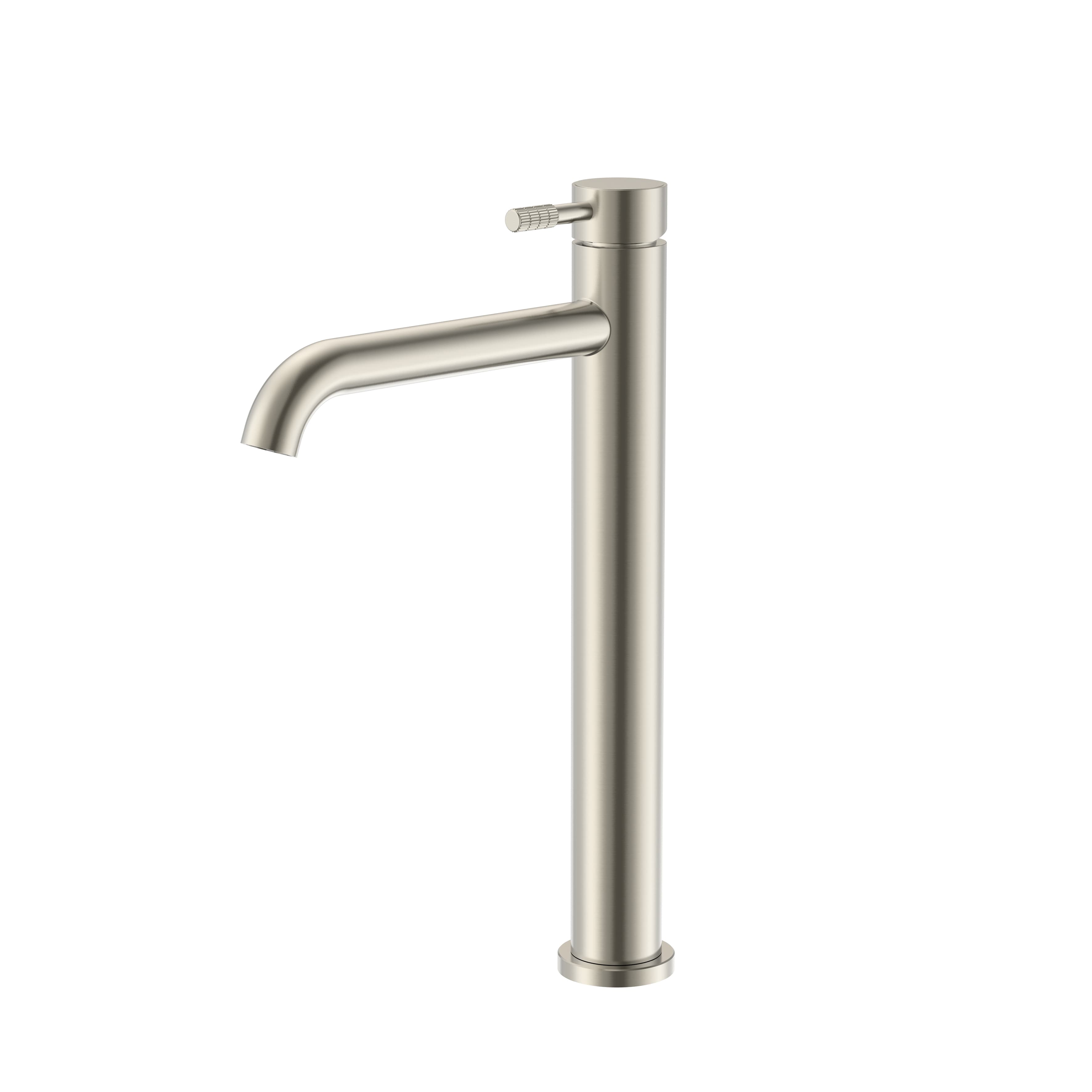STRIA MITIGEUR LAVABO HAUT – DÉMARRAGE À FROID – POIGNÉE AVEC STRUCTURE STRIÉE RAFFINÉE – SANS BONDE – ACIER INOX BROSSÉ
