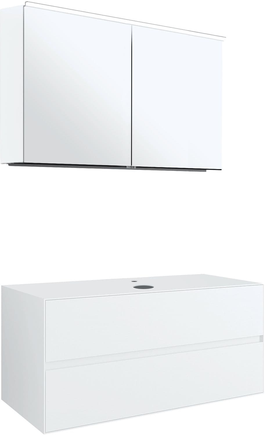 MEUBLE 2 TIROIRS+ TABLET POUR LAVABO A POSER CENTRAL TENSO 120CM TENSO +TROU ROBINET BLANC AVEC ARMOIRE TOILETTE