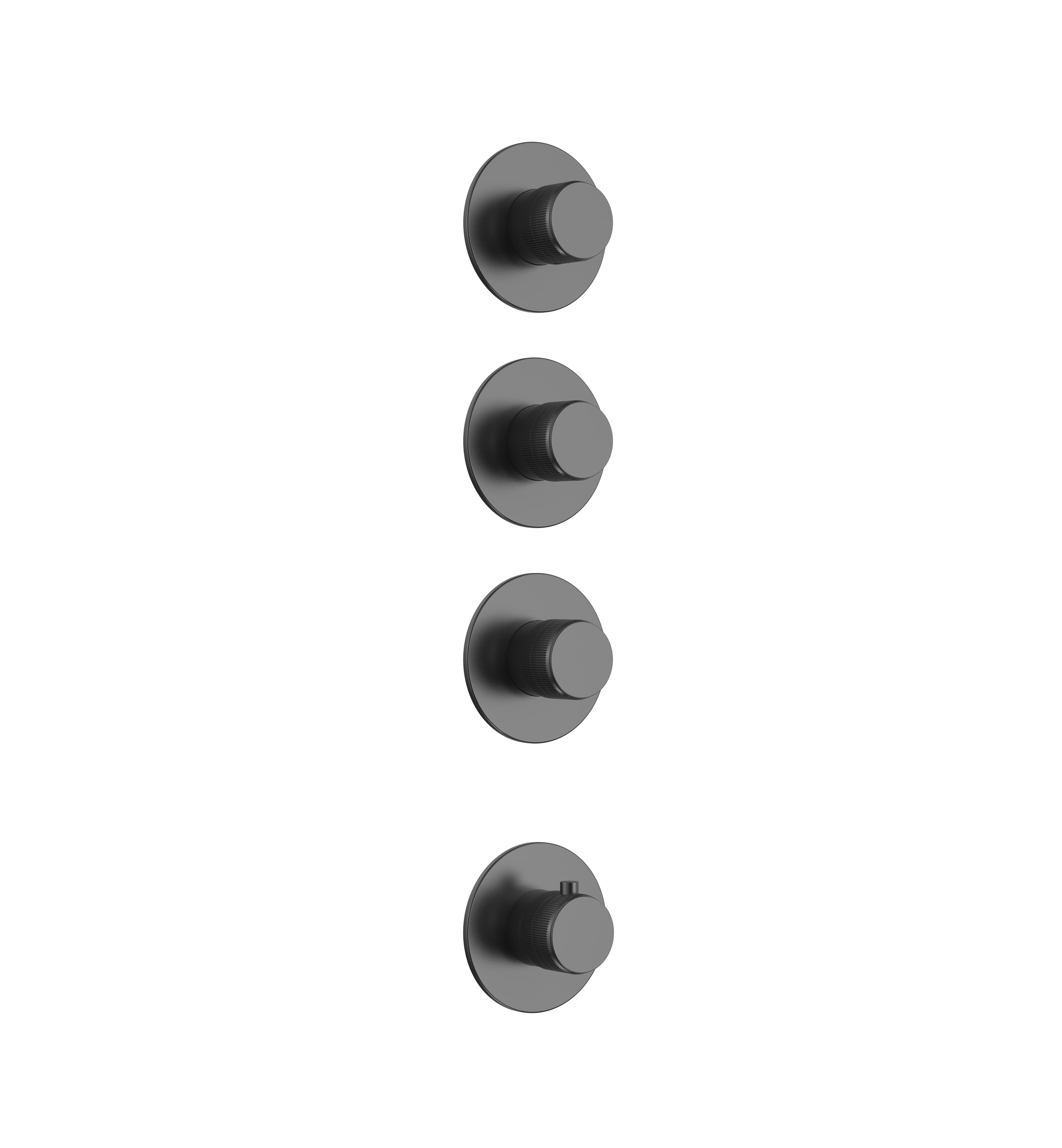 STRIA ÉLÉMENT DE FINITION POUR MITIGEUR DE DOUCHE – 3 VOIES AVEC 3 ROBINETS D’ARRÊT – THERMOSTATIQUE – ENCASTRÉ – RONDE – BOUTONS S AVEC STRUCTURE STRIÉE RAFFINÉE – GUNMETAL (PVD)