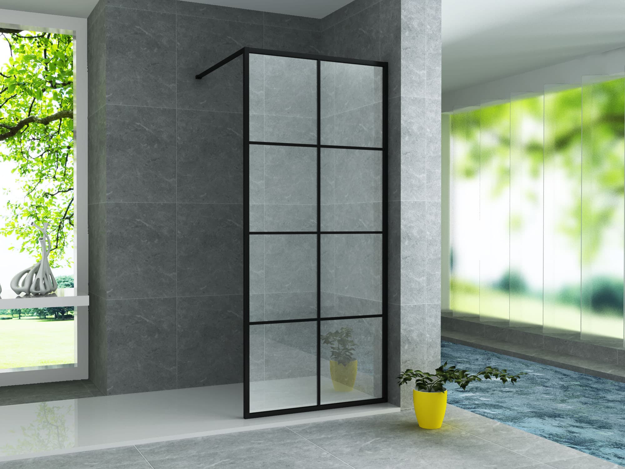 ALONI DOUCHE À L’ITALIENNE AVEC DÉCOR GRILLE - 900X2000MM - NOIR MAT-VERRE CLAIR