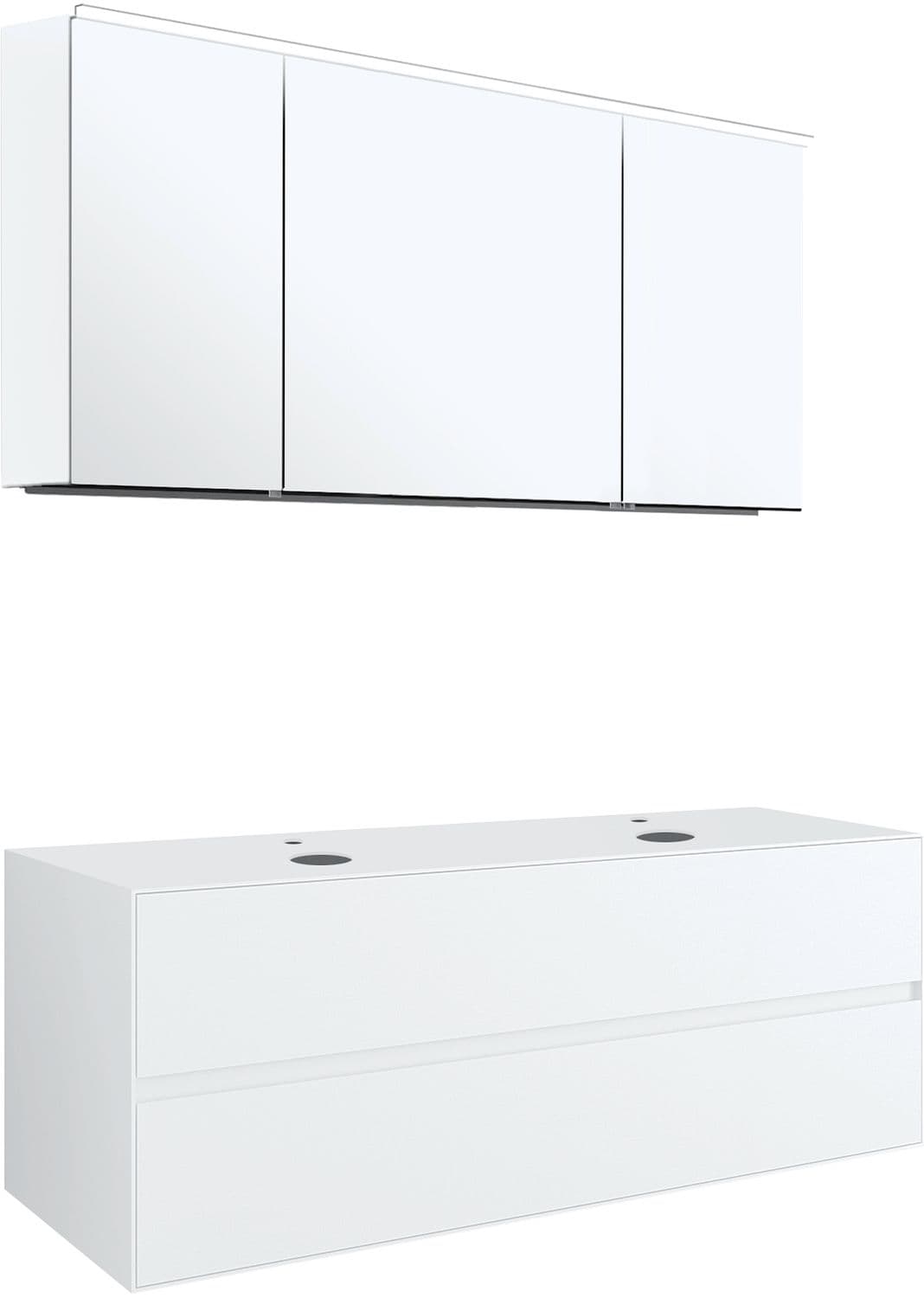 MEUBLE 2 TIROIRS+ TABLET POUR 2 LAVABOS A POSER TENSO 140CM +TROUS ROBINETS BLANC AVEC ARMOIRE TOILETTE