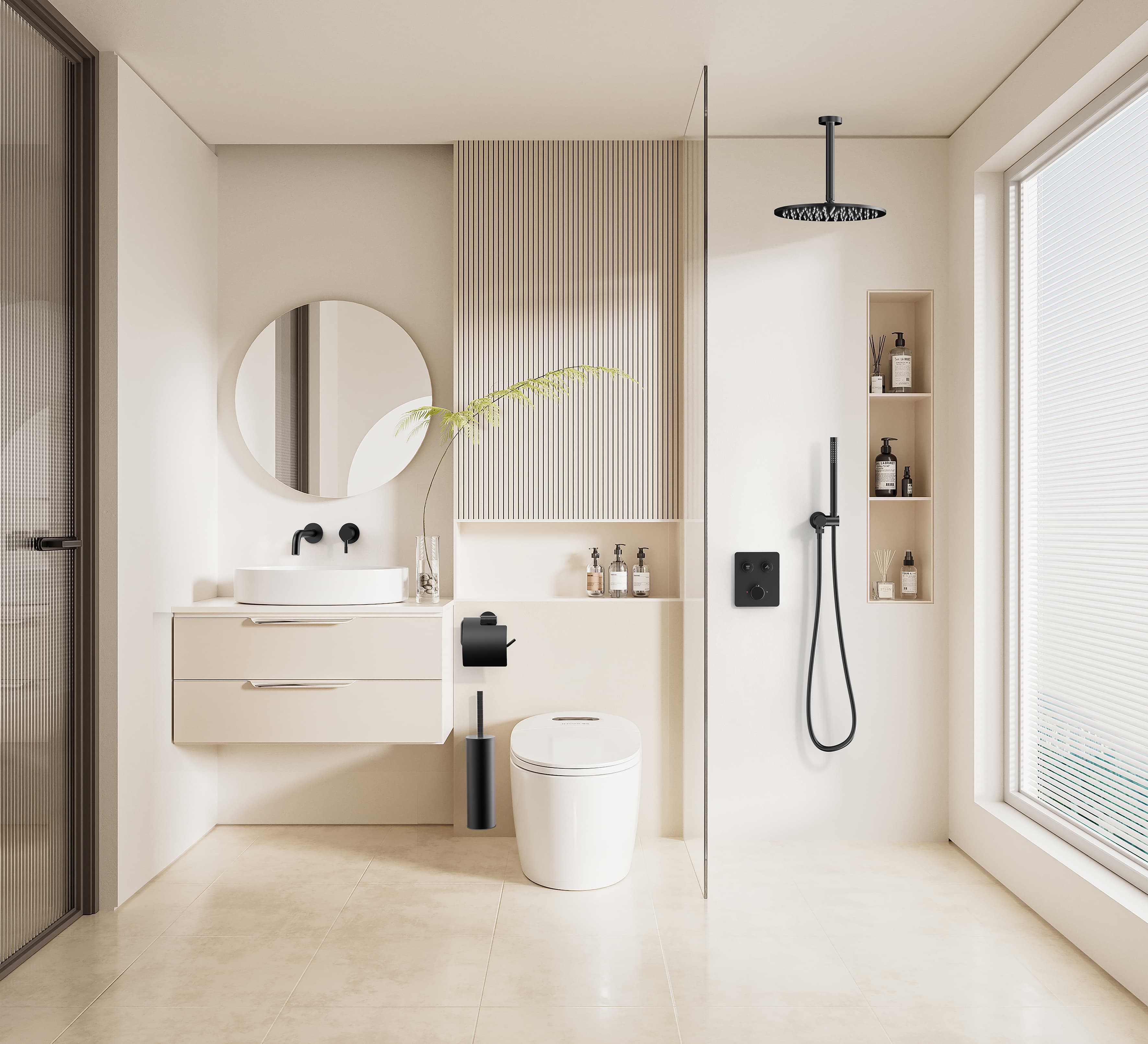 STRIA MITIGEUR DE DOUCHE – 2 VOIES – THERMOSTATIQUE – BOUTONS POUSSOIRS S AVEC STRUCTURE STRIÉE RAFFINÉE – AVEC BOÎTIER D’ENCASTREMENT ET ÉLÉMENT DE FINITION – RECTANG.– BELGAQUA - NOIR MAT (PVD)