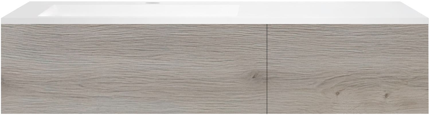 SOUS MEUBLE COFFEE 2 TIROIRS 140 CHENE DECOR ARGENT+LAVABO EN MARBRE SYNTHETIQUE GAUCHE BLANC MAT