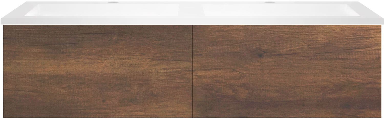SOUS MEUBLE COFFEE 2 TIROIRS 120 DUO CHENE ROUILLE +DOUBLE LAVABO EN MARBRE SYNTHETIQUE BLANC MAT