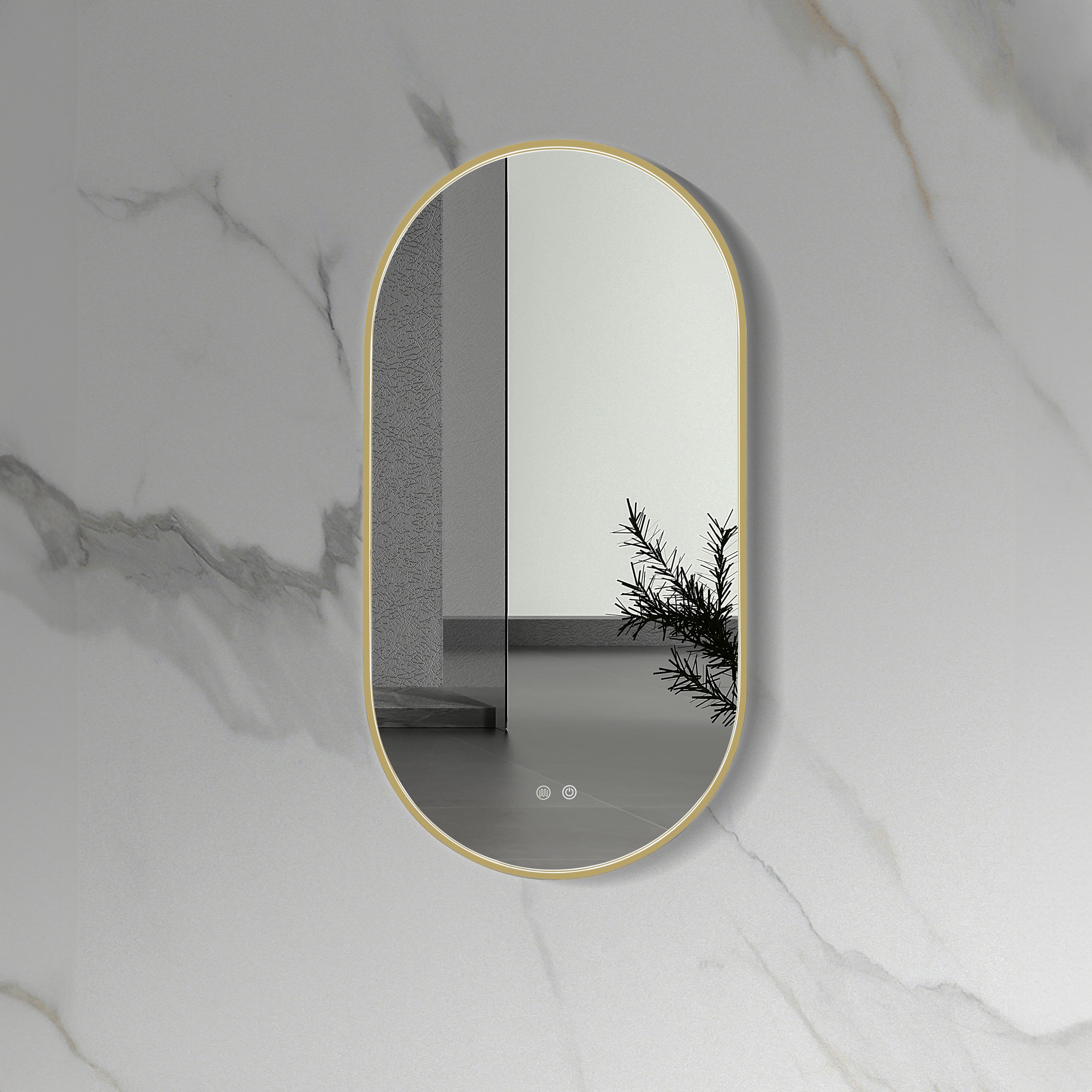 ALONI AVALO MIROIR - AVEC ÉCLAIRAGE LED - OVALE - AVEC CADRE - AVEC CHAUFFAGE - TEMPÉRATURE DE COULEUR LED 3500-6500K - 50X100CM - OR BROSSÉ