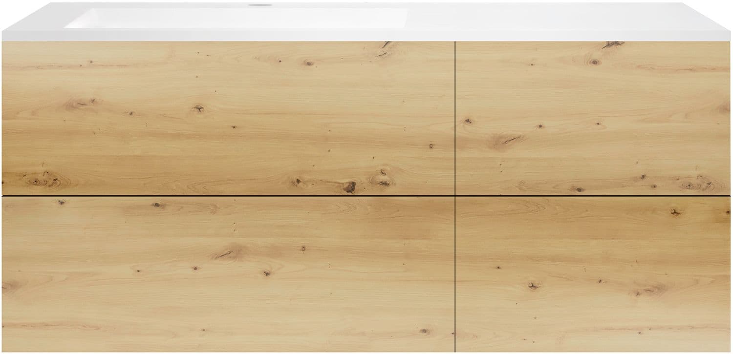 SOUS MEUBLE COFFEE 4 TIROIRS 140 CHENE URBAN+LAVABO GAUCHE EN MARBRE SYNTHETIQUE BLANC MAT