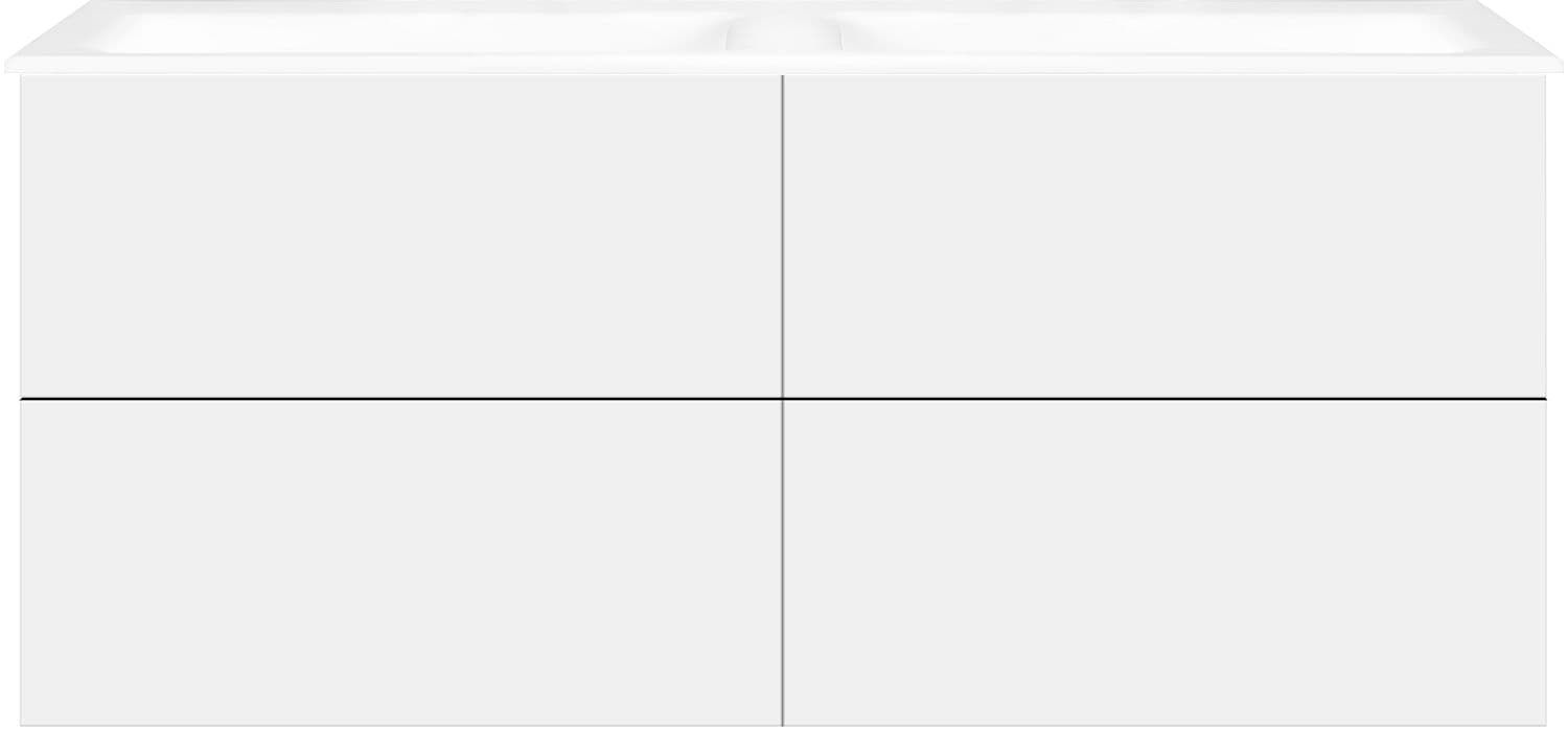SOUS MEUBLE COFFEE 4 TIROIRS 140 DUO BLANC MAT + DOUBLE LAVABO PORCELAINE SANS TROU ROBINET BLANC