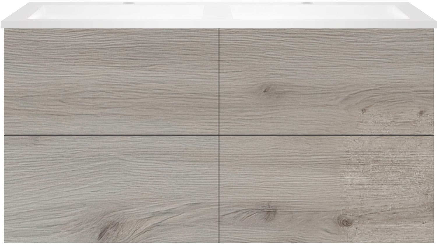 SOUS MEUBLE COFFEE 4 TIROIRS 120 DUO CHENE ARGENT +DOUBLE LAVABO EN MARBRE SYNTHETIQUE BLANC